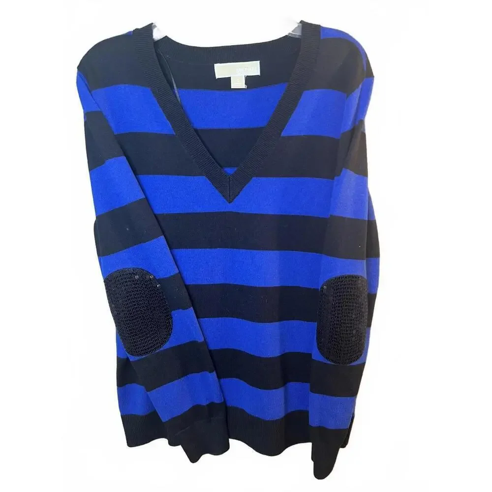 Michael Kors Women's Striped V-Neck Sweater Sequin Elbow Patches Size Small